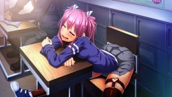 Rule 34 | 1girl, ass, blush, breasts, chair, classroom, desk, dreaming, drooling, closed eyes, game cg, grey skirt, highres, kagurazaka ichigo, kanzen jikan teishi, legs, long sleeves, open mouth, pink hair, saliva, school, school uniform, shoes, short hair, sitting, skirt, sleeping, small breasts, smile, sneakers, solo focus, thighhighs, thighs, twintails, uo denim