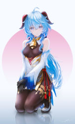 Rule 34 | 1girl, absurdres, ahoge, bad id, bad twitter id, bell, black gloves, blue hair, bodystocking, chinese knot, cowbell, detached sleeves, dress, eyebrows hidden by hair, full body, ganyu (genshin impact), genshin impact, gloves, goat horns, hair between eyes, hair over shoulder, hand on own thigh, high heels, highres, horns, kneeling, long hair, looking at viewer, ojay tkym, parted lips, purple eyes, reflection, solo, tassel, thighs, white background, white dress, white footwear, wide sleeves