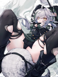 Rule 34 | 1girl, ahoge, arknights, arm behind head, black footwear, black sleeves, black thighhighs, boots, cameltoe, chimoshi (kusa), crocodilian tail, detached sleeves, gloves, green hair, green tunic, grey gloves, grey hair, highres, holding, holding staff, hood, hood down, looking at viewer, multicolored hair, partially fingerless gloves, pelvic curtain, pointy ears, solo, spread legs, staff, streaked hair, tail, thighhighs, thighs, tomimi (arknights), torn clothes, torn thighhighs, white gloves, yellow eyes