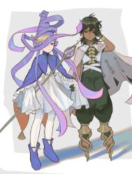 Rule 34 | 1boy, 1girl, absurdres, blonde hair, blue footwear, boots, cape, closed mouth, coustas (tongari boushi no atelier), dark-skinned male, dark skin, dress, gloves, green hair, hat, highres, holding, holding staff, ininia (tongari boushi no atelier), long hair, pants, prosthesis, prosthetic leg, puffy pants, purple cape, purple eyes, purple ribbon, ribbon, sleeves past fingers, sleeves past wrists, staff, tongari boushi no atelier, witch, wonemie