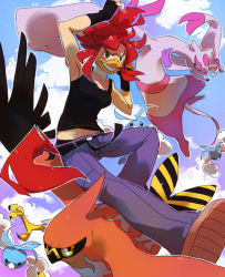 Rule 34 | 1girl, belt, bird, bird girl, black eyes, black gloves, black shirt, blue sky, breasts, claws, cloud, cloudy sky, collarbone, commentary, creature, creatures (company), day, english commentary, fingerless gloves, flying, game freak, gen 3 pokemon, gen 5 pokemon, gen 6 pokemon, gift art, gloves, green eyes, grin, jumping, looking at another, looking at viewer, mienshao, nintendo, original, outdoors, pants, pinkgermy, pokemon, pokemon (creature), red hair, riding, riding pokemon, shirt, shoes, sky, small breasts, smile, swablu, talonflame