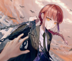 Rule 34 | 1boy, 1girl, absurdres, bird, black jacket, black necktie, braid, braided ponytail, chain, chainsaw man, closed mouth, cloud, cloudy sky, crow, formal, highres, holding, holding chain, jacket, long hair, long sleeves, looking at viewer, makima (chainsaw man), necktie, orange hair, orange sky, outdoors, pnktramen, pov, pov hands, sky, smile, solo focus, upper body, yellow eyes