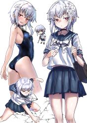 Rule 34 | 1girl, a certain high school uniform, absurdres, accelerator (toaru majutsu no index), albino, ambiguous gender, androgynous, arm at side, ass, asymmetrical hair, bag, bare legs, black choker, blue one-piece swimsuit, blue sailor collar, blush, bow, bright pupils, chibi, chibi inset, choker, clenched teeth, closed mouth, cowboy shot, ebora, electrodes, embarrassed, expressionless, flat chest, ground shatter, half-closed eyes, hand on ground, hands up, highres, holding, holding bag, looking at viewer, looking back, miniskirt, multiple views, one-piece swimsuit, psychic, red eyes, sailor collar, school bag, school swimsuit, school uniform, shirt, short sleeves, skirt, squatting, standing, suzushina yuriko, swimsuit, teeth, toaru majutsu no index, white background, white bow, white hair, white pupils, white shirt