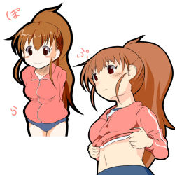 Rule 34 | 1girl, arms behind back, blush, brown eyes, brown hair, buruma, character name, clothes lift, gym uniform, jacket, long hair, multiple views, no nose, ponytail, sch, shirt lift, simple background, smile, taneshima popura, text focus, track jacket, white background, working!!