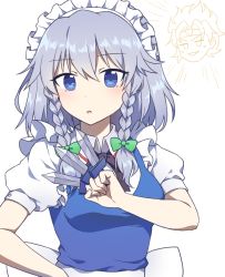 Rule 34 | 1girl, blue dress, blue eyes, blush, bow, braid, commission, commissioner insert, dress, green bow, hair between eyes, hair bow, holding, holding knife, izayoi sakuya, kaoling, knife, korean commentary, maid, maid headdress, parted lips, puffy short sleeves, puffy sleeves, short hair, short sleeves, silver hair, simple background, solo focus, touhou, twin braids, upper body, white background