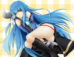 Rule 34 | 1girl, ass, bare shoulders, blindfold, blue hair, chestnut mouth, detached sleeves, hitokakeratsu, long hair, ole tower, open mouth, solo, spanner (ole tower)