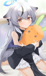 Rule 34 | animal ears, arm out of sleeve, barefoot, bed, bed sheet, black coat, blue archive, blurry, chinese clothes, coat, depth of field, hugging doll, frilled skirt, frills, grey hair, halo, highres, indoors, kokona (blue archive), misononasubi, multicolored hair, hugging object, orange eyes, pelvic curtain, sitting, skirt, streaked hair, stuffed carrot, tearing up, tiger ears, tiger girl, toes, two-tone hair, wariza