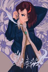 Rule 34 | 1girl, arms behind head, blue eyes, blue jacket, blue skirt, brown hair, cigarette, cogecha, collared shirt, earrings, floral background, hair over one eye, highres, jacket, jewelry, looking at viewer, mole, mole under eye, necklace, original, pink shirt, pleated skirt, shirt, short hair, skirt, smoke, smoking, solo