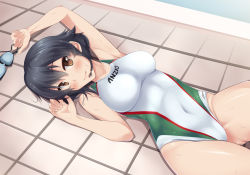 Rule 34 | 10s, 1girl, bad id, bad pixiv id, black hair, braid, brown eyes, competition swimsuit, covered navel, girls und panzer, goggles, unworn goggles, highres, lying, nksk, one-piece swimsuit, pepperoni (girls und panzer), short hair, solo, swimsuit, tile floor, tiles