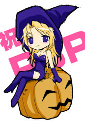 Rule 34 | 1girl, bare shoulders, blonde hair, blush stickers, boots, breasts, chibi, cleavage, crossed legs, deneb rove, dress, elbow gloves, gloves, hair intakes, hat, high heel boots, high heels, jack-o&#039;-lantern, long hair, looking at viewer, messy hair, microdress, pumpkin, purple dress, purple eyes, purple footwear, purple gloves, purple hat, simple background, sitting, solo, strapless, strapless dress, tactics ogre, tanyao, thighhighs, white background, witch, witch hat, zettai ryouiki