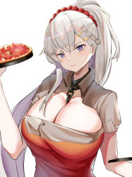 Rule 34 | 1girl, absurdres, azur lane, belfast (azur lane), belfast (piping-hot perfection) (azur lane), braid, breasts, chain, chain necklace, cleavage, closed mouth, dress, food, french braid, grey hair, hair ribbon, highres, holding, holding food, holding pizza, jewelry, large breasts, long hair, looking at viewer, necklace, official alternate costume, pizza, ponytail, purple eyes, red ribbon, ribbon, she taizi, solo, white background