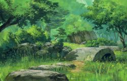 Rule 34 | commentary request, day, derivative work, grass, green theme, highres, hosoi mikio, no humans, outdoors, painting (medium), plant, scenery, stone, studio ghibli, traditional media, tree, watercolor (medium)