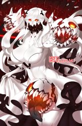 Rule 34 | 10s, 1girl, abyssal ship, breasts, cleavage, colored skin, covered mouth, dress, glowing, glowing eyes, highres, horns, huge breasts, kantai collection, long hair, md5 mismatch, midway princess, n0r0, orange eyes, resolution mismatch, sharp teeth, solo, source smaller, teeth, tongue, veins, very long hair, white dress, white hair, white skin