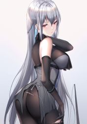 Rule 34 | 1girl, arknights, ass, back, bad id, bad pixiv id, bare shoulders, black dress, black gloves, blush, breasts, dress, elbow gloves, gloves, gradient background, grey background, has bad revision, has downscaled revision, highres, kernel killer, large breasts, long hair, looking at viewer, looking back, md5 mismatch, red eyes, resolution mismatch, silver hair, skadi (arknights), source smaller