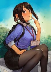 Rule 34 | 1girl, :&lt;, backpack, bag, black pantyhose, black skirt, blue shirt, blue sky, blush, breasts, brown eyes, brown hair, bush, closed mouth, collared shirt, commentary, day, douki-chan (douki-chan), earrings, falling leaves, feet out of frame, ganbare douki-chan, hungry clicker, id card, jewelry, lanyard, leaf, looking at viewer, medium breasts, miniskirt, outdoors, pantyhose, parted bangs, pencil skirt, pinky out, second-party source, shirt, shirt tucked in, short hair, sitting, skirt, sky, solo, sweatdrop, wide-eyed, wind, wing collar