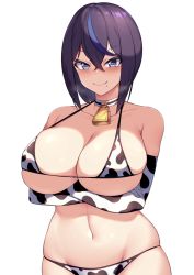 Rule 34 | 1girl, animal print, arms under breasts, bare shoulders, bell, bikini, black hair, blue eyes, blush, breasts, choker, cleavage, closed mouth, collarbone, commentary request, cow print, cowbell, crossed bangs, elbow gloves, gloves, halterneck, heart, heart-shaped pupils, kuavera, large breasts, looking at viewer, miyako (kuavera), mole, mole under mouth, multicolored hair, navel, original, smile, solo, standing, stomach, streaked hair, sweatdrop, swimsuit, symbol-shaped pupils, underboob