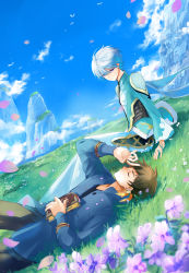 Rule 34 | 10s, 2boys, bishounen, book, brown hair, cloud, day, closed eyes, grass, male focus, mikleo (tales), mooche, mountain, multiple boys, petals, scenery, short hair, smile, sorey (tales), tales of (series), tales of zestiria, white hair