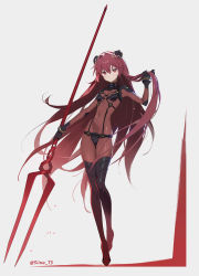 Rule 34 | 1girl, aged down, bident, bodysuit, breasts, cosplay, fate/grand order, fate (series), full body, grey background, hair between eyes, hair intakes, highres, hip bones, holding, holding polearm, holding weapon, interface headset, lance of longinus (evangelion), long hair, navel, neon genesis evangelion, plugsuit, polearm, red eyes, red hair, scathach (fate), siino, simple background, small breasts, solo, souryuu asuka langley (cosplay), standing, twitter username, very long hair, weapon