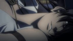 Rule 34 | 1girl, animated, animated gif, black lagoon, breasts, cleavage, crazy eyes, evil grin, evil smile, female soldier, grin, hair between eyes, lowres, lying, roberta (black lagoon), screencap, slasher smile, smile, soldier, upper body