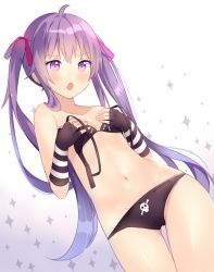 Rule 34 | 10s, 1girl, bikini, blush, breasts, covering privates, covering breasts, ebisuzawa kurumi, fingerless gloves, gakkou gurashi!, gloves, gradient background, hitsukuya, long hair, looking at viewer, navel, open mouth, purple eyes, purple hair, small breasts, solo, swimsuit, twintails