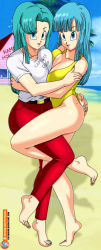 Rule 34 | 2girls, absurdres, aqua hair, artist name, ass grab, bare shoulders, barefoot, beach, blue hair, blue sky, breast press, breasts, bulma, casual one-piece swimsuit, cleavage, curvy, dragon ball, dragonball z, foxybulma, happy, highleg, highleg swimsuit, highres, hug, kame house, large breasts, long hair, looking at viewer, maron (dragon ball), medium breasts, multiple girls, ocean, one-piece swimsuit, shiny skin, shirt, sky, smile, swimsuit, water, white shirt, wide hips, yellow one-piece swimsuit