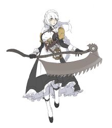 Rule 34 | 1girl, absurdres, belt pouch, black dress, black footwear, black gloves, commentary, dress, full body, gloves, highres, holding, holding weapon, knife, knife sheath, lantern, long hair, long sleeves, maid headdress, open mouth, original, pantyhose, pouch, sheath, simple background, solo, tuxiaoning not, weapon, white background, white hair, white pantyhose, yellow eyes