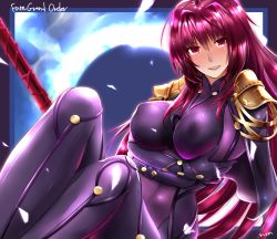 Rule 34 | 1girl, armor, bodysuit, breasts, duralu500, covered erect nipples, fate/grand order, fate (series), gae bolg (fate), highres, large breasts, long hair, looking at viewer, pauldrons, polearm, purple bodysuit, purple hair, red eyes, scathach (fate), scathach (fate), shoulder armor, solo, spear, weapon