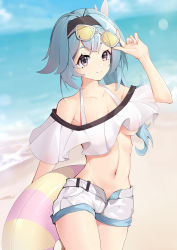 Rule 34 | 1girl, absurdres, adjusting eyewear, arm up, bare shoulders, beach, bikini, blue hair, breasts, changxian, chinese commentary, collarbone, commentary request, cowboy shot, eula (genshin impact), eyewear on head, genshin impact, hairband, halterneck, highres, holding, holding swim ring, innertube, looking at viewer, medium breasts, navel, off-shoulder bikini, off shoulder, purple eyes, short shorts, shorts, smile, solo, stomach, sunglasses, swim ring, swimsuit, underboob, white shorts