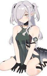 Rule 34 | 1girl, absurdres, arknights, arm strap, bare shoulders, between legs, binware, black choker, black dress, black gloves, black ribbon, blush, brown eyes, choker, closed mouth, crocodilian tail, dress, gloves, hair over one eye, hand between legs, highres, jewelry, leg ribbon, looking at viewer, necklace, official alternate costume, partially fingerless gloves, pointy ears, ribbon, see-through, simple background, sitting, sleeveless, sleeveless dress, solo, tail, tomimi (arknights), torn clothes, torn dress, two side up, wariza, white background