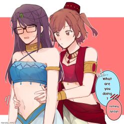 Rule 34 | 2girls, aijou karen, bare shoulders, blue tube top, blush, brown eyes, brown hair, closed eyes, closed mouth, commentary, english commentary, english text, glasses, harem outfit, haruka 3442, hat, highres, hoshimi junna, long hair, midriff, multiple girls, navel, open mouth, pink background, purple hair, red hat, red tube top, shoujo kageki revue starlight, speech bubble, strapless, sweatdrop, tube top, two-tone background, two side up, upper body, white background, yuri