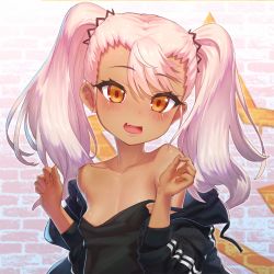 Rule 34 | 1girl, bare shoulders, black camisole, black jacket, blush, breasts, camisole, carbon12th, chloe von einzbern, collarbone, dark-skinned female, dark skin, fate/kaleid liner prisma illya, fate (series), highres, jacket, long hair, long sleeves, looking at viewer, open clothes, open jacket, open mouth, orange eyes, pink hair, small breasts, smile, solo, thighs, twintails