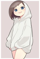 Rule 34 | 1girl, asymmetrical bangs, black outline, blue eyes, blush, boku no kokoro no yabai yatsu, breasts, brown background, brown hair, commentary request, cowboy shot, hood, hood up, hoodie, hospital king, ichikawa kana, long sleeves, looking at viewer, open mouth, outline, ringed eyes, short bangs, short hair, small breasts, smile, solo, two-tone background, white background, white hoodie