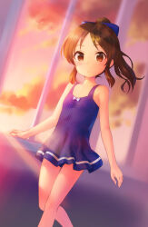 Rule 34 | 1girl, bare shoulders, blue bow, blue one-piece swimsuit, blush, bow, brown eyes, closed mouth, cloud, dot mouth, dress swimsuit, dusk, flat chest, hair bow, idolmaster, idolmaster cinderella girls, indoors, kawaseki, light rays, long hair, looking at viewer, one-piece swimsuit, ponytail, sidelocks, sky, solo, swimsuit, tachibana arisu, twilight, window