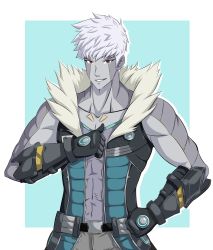 Rule 34 | 1boy, absurdres, arm guards, belt, clenched hand, coat, colored skin, ememtrp, fur trim, grey skin, highres, jacket, lanz (xenoblade), mechanical parts, multicolored clothes, muscular, muscular male, purple shirt, red eyes, shirt, smile, thumbs up, white hair, xenoblade chronicles (series), xenoblade chronicles 3