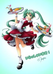 Rule 34 | 1girl, alternate costume, apron, aqua eyes, breasts, burger, cake, dress, drink, enmaided, food, frilled dress, frills, green hair, hatsune miku, highres, hot dog, impossible clothes, leaning back, long hair, maguro88, maid, maid apron, maid headdress, mary janes, omelet, omurice, shoes, smile, socks, solo, tray, twintails, very long hair, vocaloid