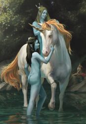 Rule 34 | 2girls, animal, black hair, blue skin, colored skin, completely nude, forest, green hair, gwent (game), highres, long hair, multiple girls, nature, non-web source, nude, pointy ears, rabbit, the witcher (series), unicorn