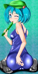 Rule 34 | 1girl, anus, anus only, aqua eyes, aqua hair, ass, ass cutout, bad id, bad pixiv id, bare shoulders, black thighhighs, blue eyes, blue hair, blush, blush stickers, breasts, cameltoe, clothing cutout, come hither, cucumber, food, from behind, hair bobbles, hair ornament, hat, highres, kawashiro nitori, looking at viewer, looking back, matching hair/eyes, one-piece swimsuit, one eye closed, school swimsuit, shiny clothes, short hair, sitting, skin tight, skindentation, soles, solo, swimsuit, tera hiroshi, thighhighs, tongue, tongue out, touhou, twintails, two side up, wariza