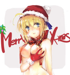 Rule 34 | 1girl, ahoge, artoria pendragon (fate), blonde hair, blue eyes, blush, breasts, christmas, fate/stay night, fate (series), female focus, hat, highres, looking at viewer, nipples, ribbon, rokusai, saber (fate), santa hat, short hair, solo, tears, topless