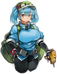 Rule 34 | 1girl, adapted costume, backpack, bag, black gloves, black pants, blue eyes, blue hair, breasts, female focus, fingerless gloves, gloves, hat, holding, kawashiro nitori, large breasts, matching hair/eyes, pants, power drill, sachito, short hair, simple background, solo, touhou, trigger discipline, twintails, weapon, white background
