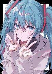 Rule 34 | 1girl, black border, blue eyes, blue hair, blue nails, border, double v, grey hoodie, hatsune miku, highres, hood, hoodie, long hair, long sleeves, looking at viewer, natsusankinka07, nervous, solo, twintails, v, very long hair, vocaloid, white background