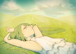 Rule 34 | 1girl, armpits, arms up, blurry, cloud, clover, day, depth of field, closed eyes, from side, grass, green hair, green theme, hatsune miku, kitada mo, long hair, lying, mouth hold, musical note, on back, solo, vocaloid