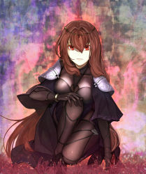 Rule 34 | 1girl, armor, bad id, bad pixiv id, bodysuit, breasts, brown hair, circlet, fate/grand order, fate (series), highres, kneeling, long hair, looking at viewer, medea@nae, red eyes, scathach (fate), scathach (fate), shoulder armor, solo
