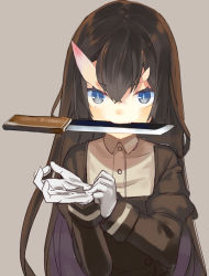 Rule 34 | 1girl, adjusting clothes, adjusting gloves, asymmetrical horns, black hair, blue eyes, buttons, dress shirt, eyebrows, fang, gloves, grey background, hair between eyes, horns, juliet sleeves, knife, long hair, long sleeves, looking at viewer, mazonano, mouth hold, nekomegane, oni, oni horns, original, puffy sleeves, shirt, simple background, slit pupils, solo, uneven horns, upper body, white gloves