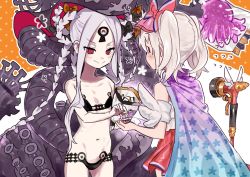 Rule 34 | 1girl, 2girls, abigail williams (fate), abigail williams (swimsuit foreigner) (fate), abigail williams (swimsuit foreigner) (first ascension) (fate), bare shoulders, bikini, black bikini, black bow, blush, bow, breasts, candy, cape, collarbone, colored skin, double bun, dress swimsuit, fate/grand order, fate (series), food, forehead, hair bun, highres, hose, hose nozzle, illyasviel von einzbern, illyasviel von einzbern (swimsuit archer), illyasviel von einzbern (swimsuit archer) (second ascension), inflatable armbands, jun (nad-j), keyhole, long hair, magical ruby, multiple bows, multiple girls, navel, one-piece swimsuit, orange bow, parted bangs, red bow, red eyes, red one-piece swimsuit, sidelocks, small breasts, smile, star (symbol), star print, swimsuit, tentacles, thighs, third eye, twintails, very long hair, visor cap, white hair, white skin