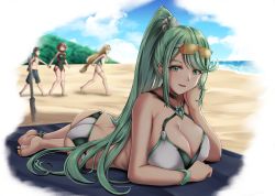 Rule 34 | 1boy, 3girls, absurdly long hair, ass, beach, bikini, blonde hair, breasts, butt crack, chest jewel, cleavage, cloud, competition swimsuit, diehong, earrings, eyewear on head, gem, green eyes, green hair, hair ornament, headpiece, highres, jewelry, large breasts, long hair, looking at viewer, lying, matching hair/eyes, mountain, multiple girls, multiple persona, mythra (radiant beach) (xenoblade), mythra (xenoblade), ocean, on stomach, one-piece swimsuit, open mouth, plant, pneuma (xenoblade), ponytail, pyra (pro swimmer) (xenoblade), pyra (xenoblade), red eyes, red hair, rex (xenoblade), short hair, smile, solo focus, sunglasses, sunglasses on head, swept bangs, swimsuit, the pose, tiara, towel, triple persona, umbrella, very long hair, walking, water, waves, xenoblade chronicles (series), xenoblade chronicles 2, yellow eyes