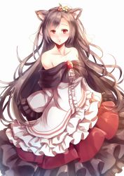 Rule 34 | 1girl, animal ears, bare shoulders, blush, breasts, brooch, brown hair, collarbone, dress, flower, hair flower, hair ornament, highres, imaizumi kagerou, jewelry, kanzakietc, large breasts, long sleeves, looking at viewer, off shoulder, red eyes, simple background, solo, touhou, white background, wide sleeves, wolf ears