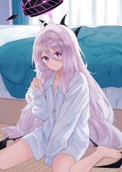 Rule 34 | 1girl, ahoge, akaya (pixiv20545353), barefoot, bed, blue archive, blush, closed mouth, collarbone, collared shirt, commentary request, curtains, day, dress shirt, hair between eyes, halo, hand up, highres, hina (blue archive), horns, indoors, long sleeves, looking at viewer, low wings, on floor, puffy long sleeves, puffy sleeves, purple eyes, purple hair, purple wings, shirt, single hair intake, sitting, sleeves past wrists, solo, sunlight, wariza, white shirt, wings, wooden floor