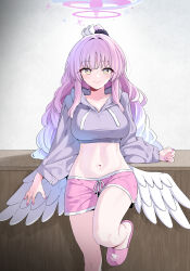 Rule 34 | 1girl, absurdres, alternate costume, angel wings, b.t. (boob tong), blue archive, breasts, cleavage, closed mouth, clothing request, flower, foot out of frame, hair bun, hair flower, hair ornament, halo, highres, indoors, large breasts, long hair, looking at viewer, low wings, midriff, mika (blue archive), pink hair, pink halo, single hair bun, smile, solo, very long hair, wings, yellow eyes