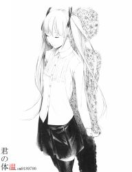Rule 34 | 1girl, dress shirt, closed eyes, flower, greyscale, hatsune miku, kimi no taion (vocaloid), long hair, long sleeves, monochrome, pleated skirt, shirt, skirt, sousou (sousouworks), thighhighs, twintails, vocaloid, zettai ryouiki