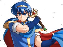 Rule 34 | 1boy, armor, betabetamaru, blue cape, blue eyes, blue hair, cape, cape hold, commentary request, fingerless gloves, fire emblem, fire emblem: mystery of the emblem, gloves, highres, holding, holding clothes, holding sword, holding weapon, male focus, marth (fire emblem), nintendo, serious, shoulder armor, solo, sword, tiara, toned, toned male, two-sided cape, two-sided fabric, upper body, v-shaped eyebrows, weapon